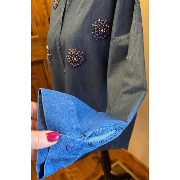 Saloon Button Down Blouse Sz Large Light Denim Cotton Studded Rhinestone Design - Picture 5 of 12